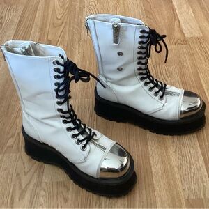 Demonia Gravedigger Vegan Leather Combat Boots With Silver Chrome Toes US M9/W11